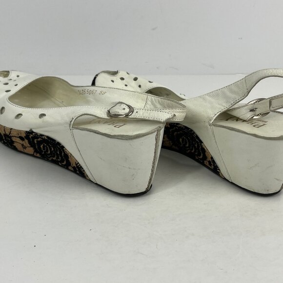 Phany Wedge Sandals Size 8 EU 39 White Leather Beige Round Open Toe Heel 2.5in - Picture 3 of 6